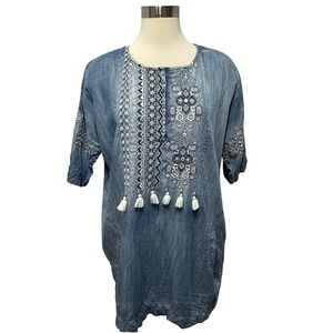 Vineet Bahl Embroidered Denim Tunic Dress‎ Size S Blue Boho Hippie Casual *Flaw